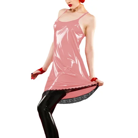 Night Party Sexy PVC Leather Spaghetti Strap A-line Dress Women Lingerie Female Sleeveless Sling Pajamas
