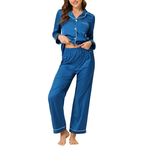 INSPIRE CHIC Women's Satin Pajama Sets Long Sleeves Tops and Pants 2 Pcs Loungewear XS Blue