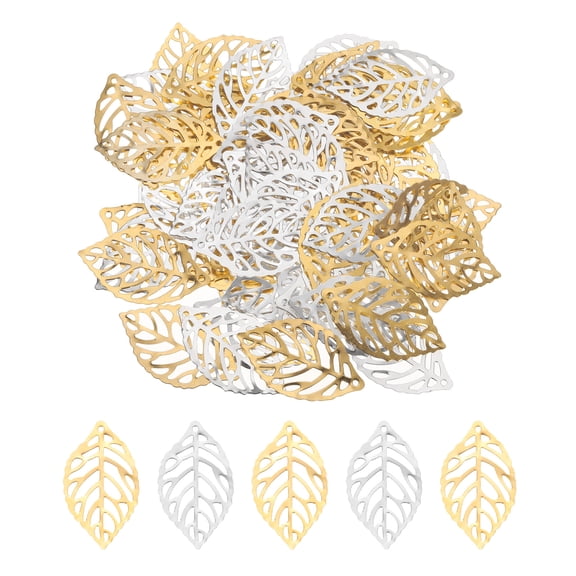 Uxcell 50Pcs Silver and 50Pcs Gold Hollow Leaf Ornaments Pendant, Metal Leaves Crafts for DIY