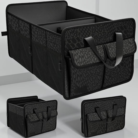 1 Pack Car Trunk Organizer, 70L Collapsible Cargo Storage Box with Dividers for SUV Sedan Truck, Black Leopard Print