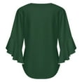thumbnail image 6 of Dark Green Solid Fabric Texture Women's V-Neck Blouse With 3/4 Ruffled Bell Sleeves Casual Top Ladies Blouses, 6 of 7