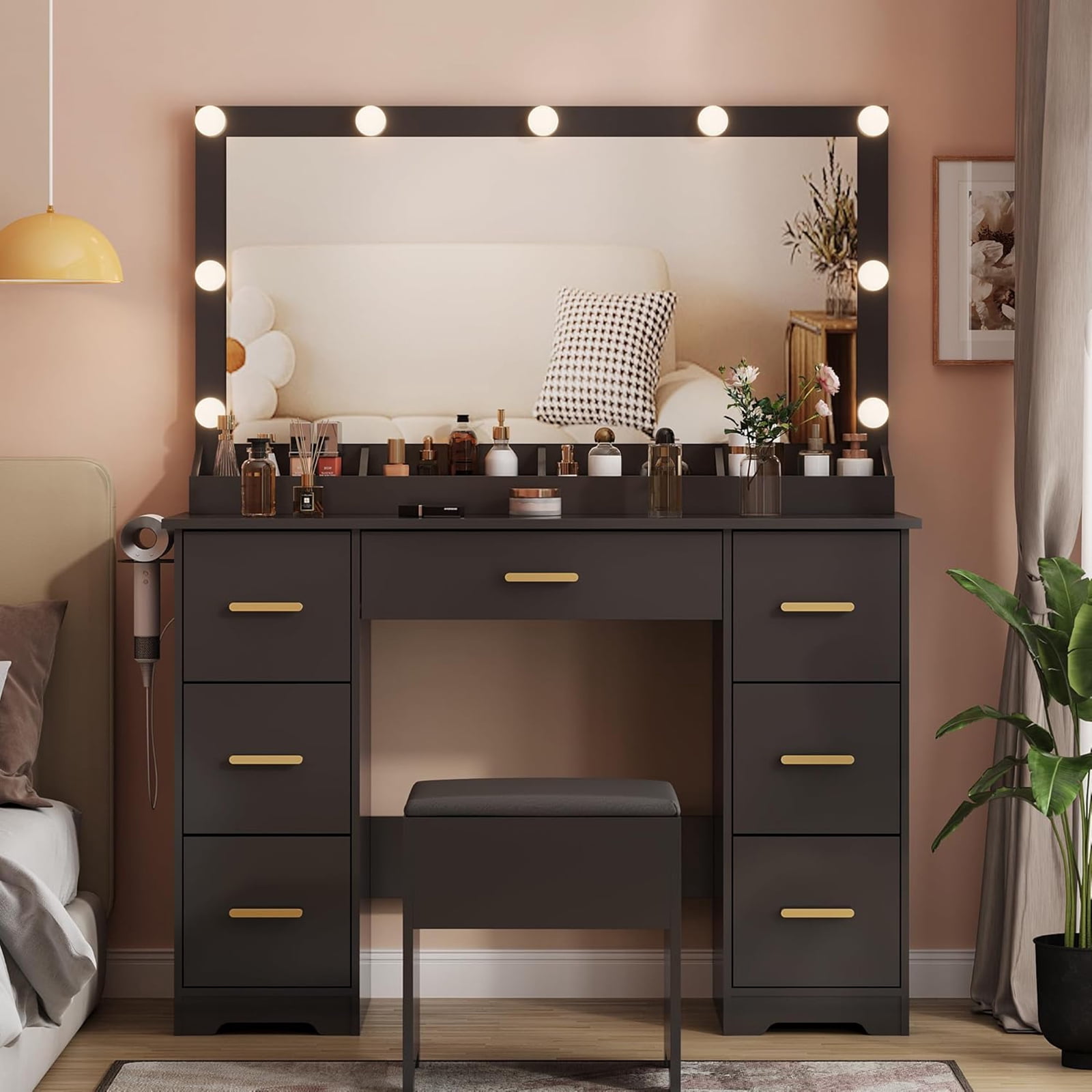 Vanity Desk with 38" Large Mirror and 9 LED Lights & Glass Top and Power Outlet, Adults Makeup Vanity with Chair and 7 Storage Drawers, Dressing Table Set for Bedroom, Modern Black