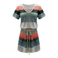 thumbnail image 2 of Lenago Women's Short Sleeve V-Neck Stripe Cinch Waist Midi Knit T - Shirt Dress, 2 of 3