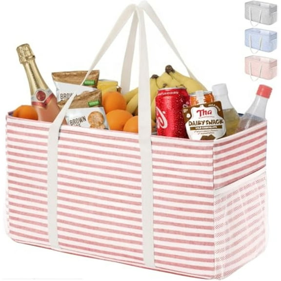 Lifewit Extra Large Tote Bag, Reusable Grocery Bags with Metal Wire Frame and Handles, Standing Utility Foldable Shopping Bags for Storage, Picnics, Beach, Pool, Laundry, Car, Camping, 1 Pack, Pink