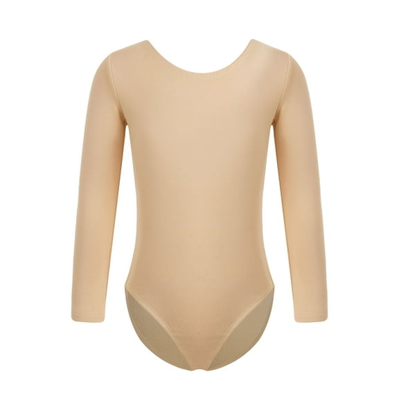 inlzdz Kids Girls Fleece Long Sleeve Nude Leotard for Gymnastics Ballet Dance Bodysuits Unitard Round Neck 150