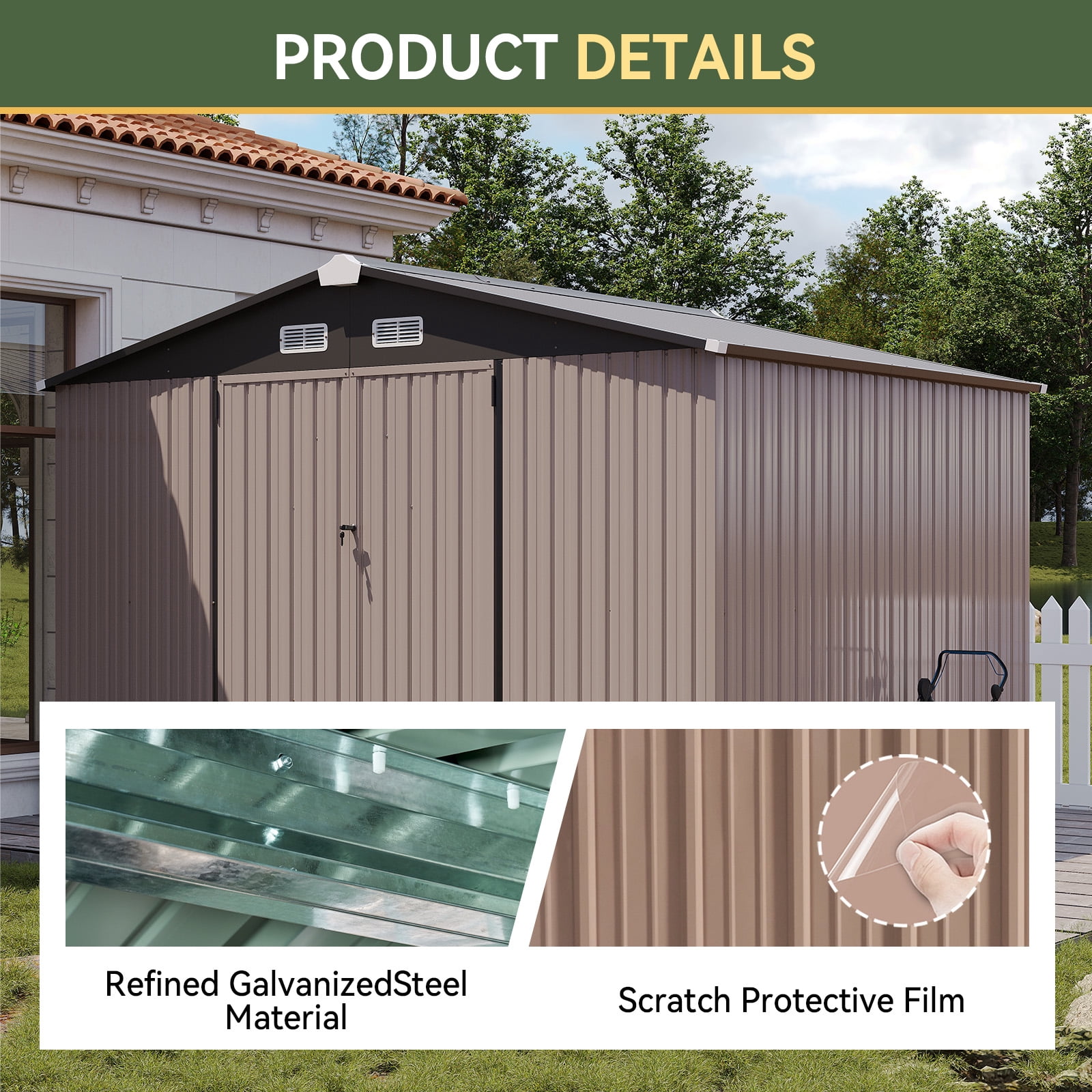 BaPiPro 10x8 ft Outdoor Metal Storage Shed, Heavy Duty Garden Tool Shed with Lockable Doors for Patio, Backyard, Brown