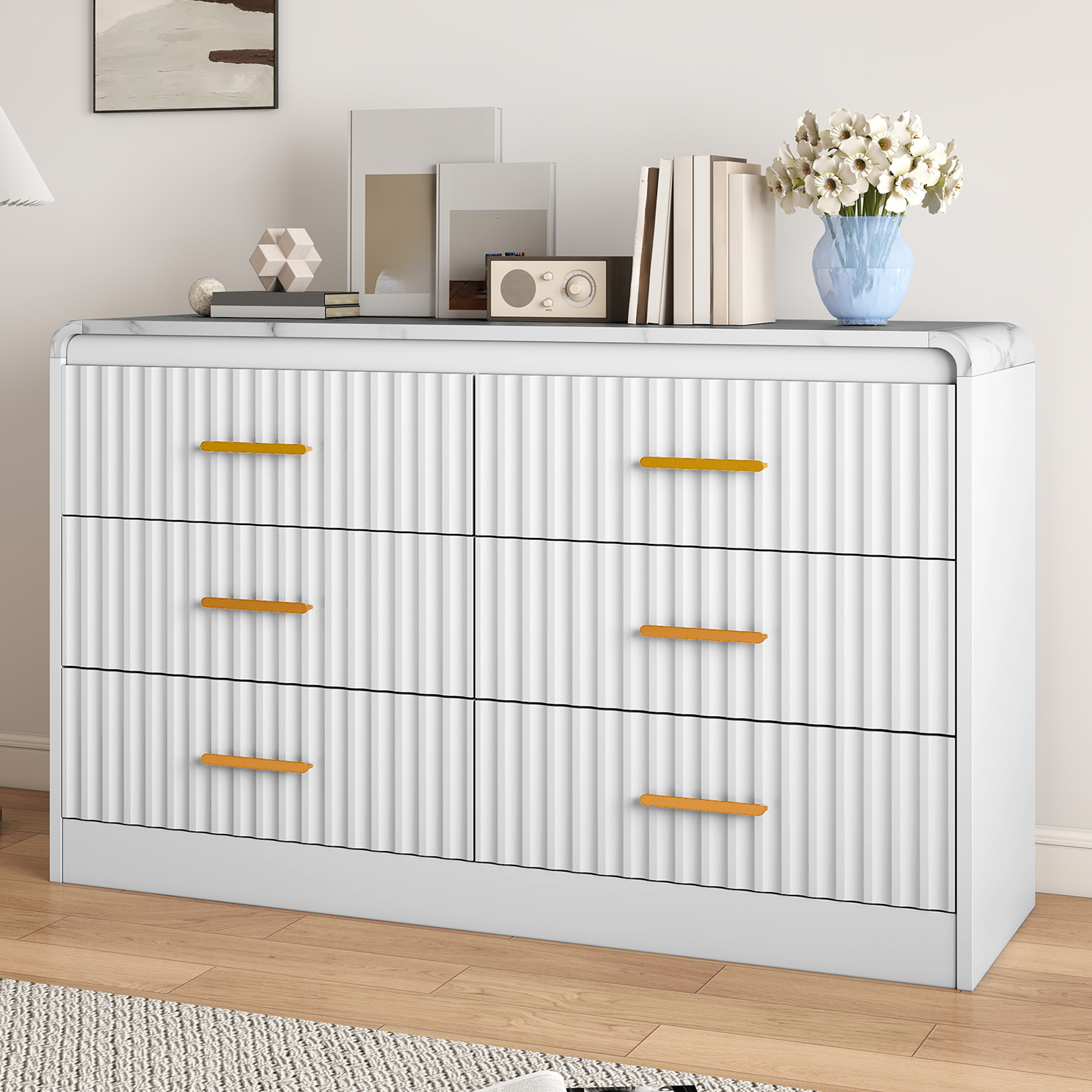 Uforic Chest of Drawers for Living Room, , or Entryway, Sturdy Fluted Dresser with 6 Drawers, White