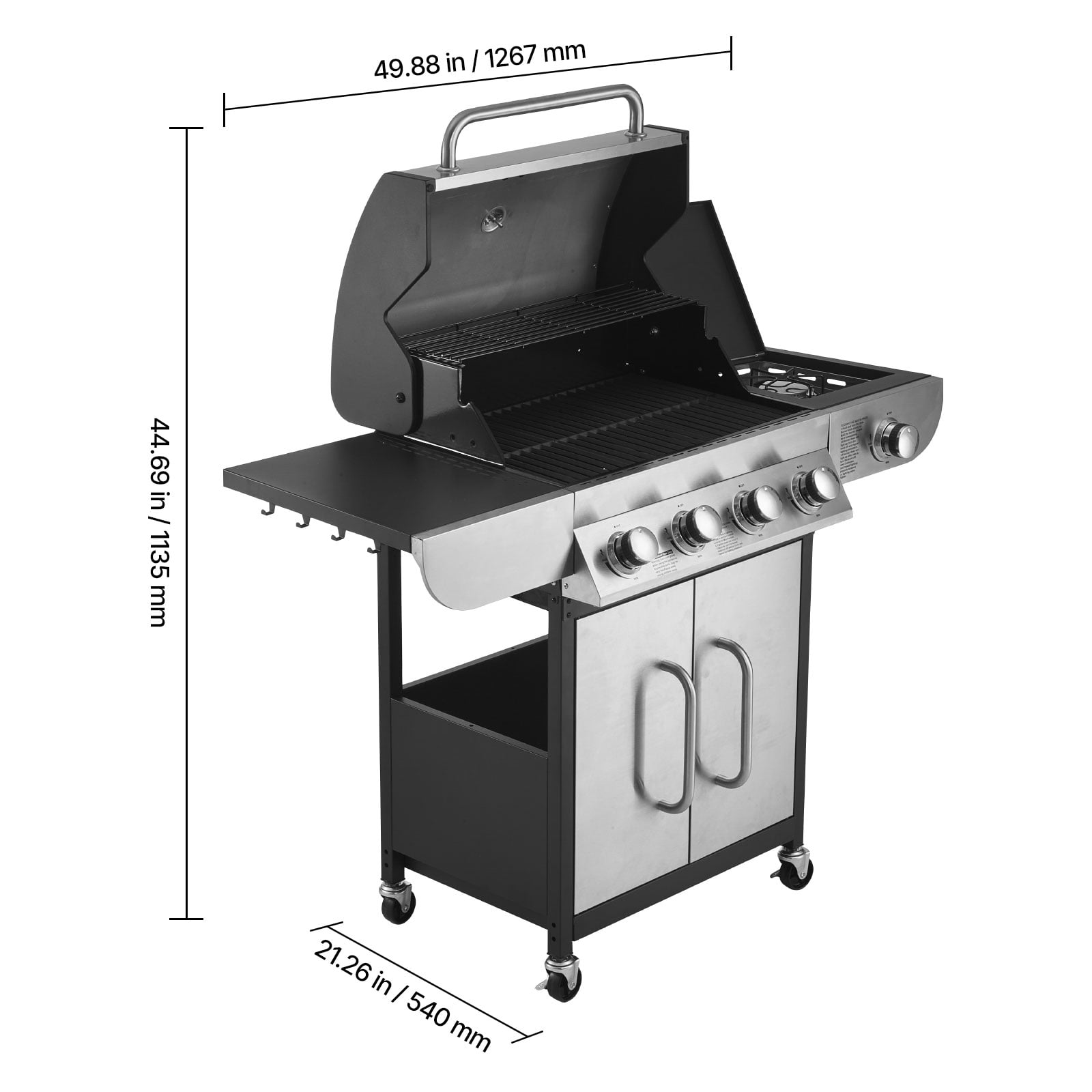 KFFKFF 4-Burner Propane Gas Grill with Side Burner, 425 SQ.In Cooking Space, Carbon Steel Enamel Grates, Outdoor 52,000 BTU Patio BBQ Grill with Dual Side Shelves, Stainless Steel Construction