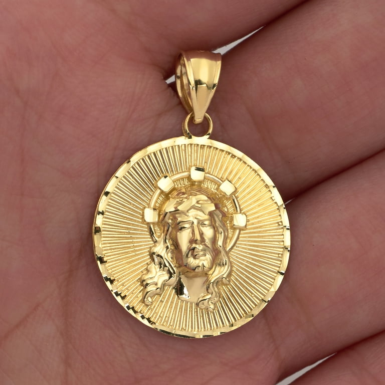 Men's 10k Yellow Gold Jesus Face Medallion Pendant - 1.1 X 0.8 Inch, Fits 3.5mm Chain, Religious Jewelry