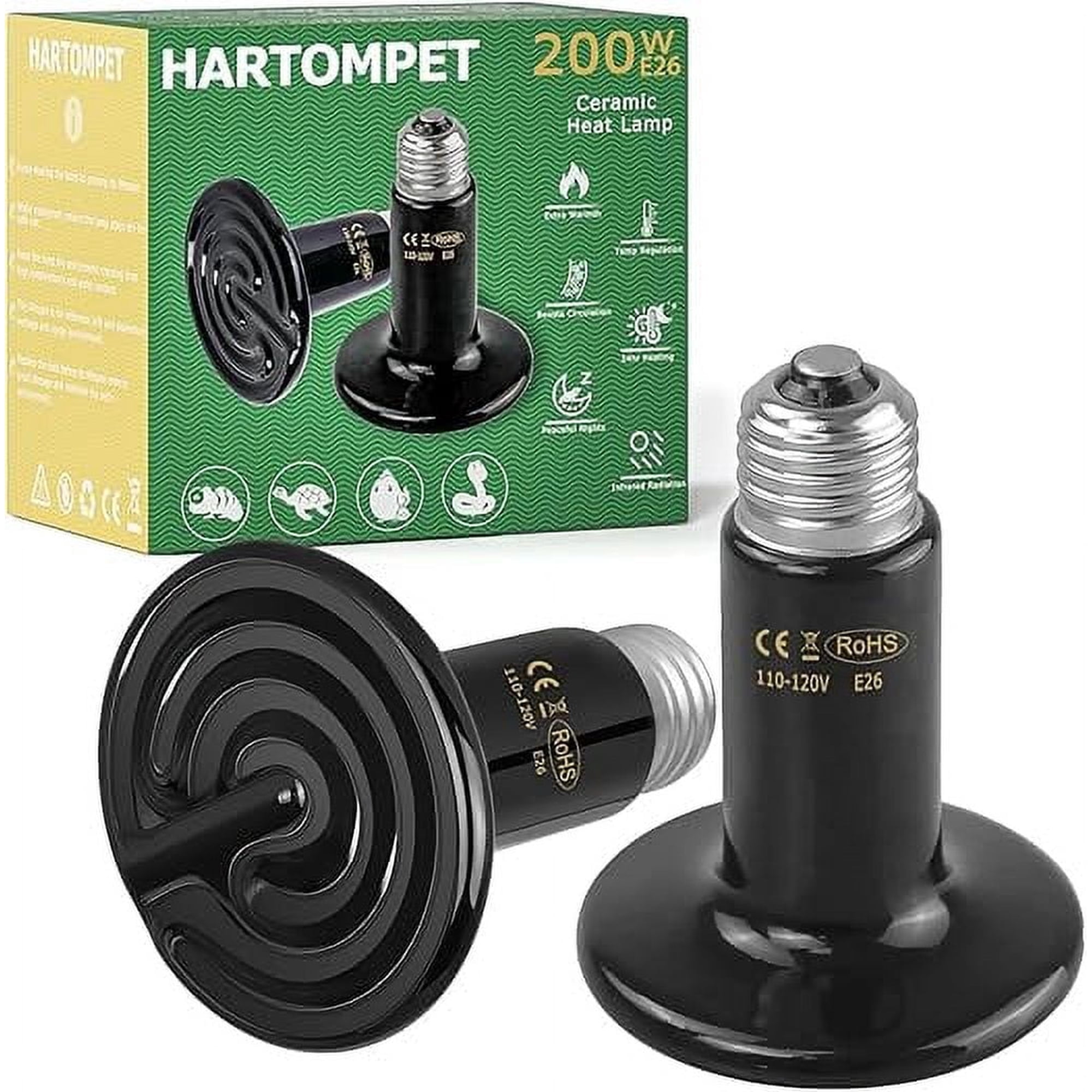 HARTOMPET 200W Ceramic Heat Emitter - Black Reptile Heat Bulb - Infrared Reptile Heat Lamp for Lizards, Amphibians, Turtles, Dogs, Cats - Ideal for Pet Heating - No Light, No Harm - ETL Listed