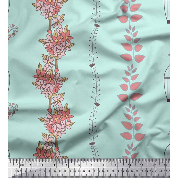 Soimoi Cotton Duck Fabric Bird,Cage & Floral Artistic Print Fabric by The Yard 42 Inch Wide