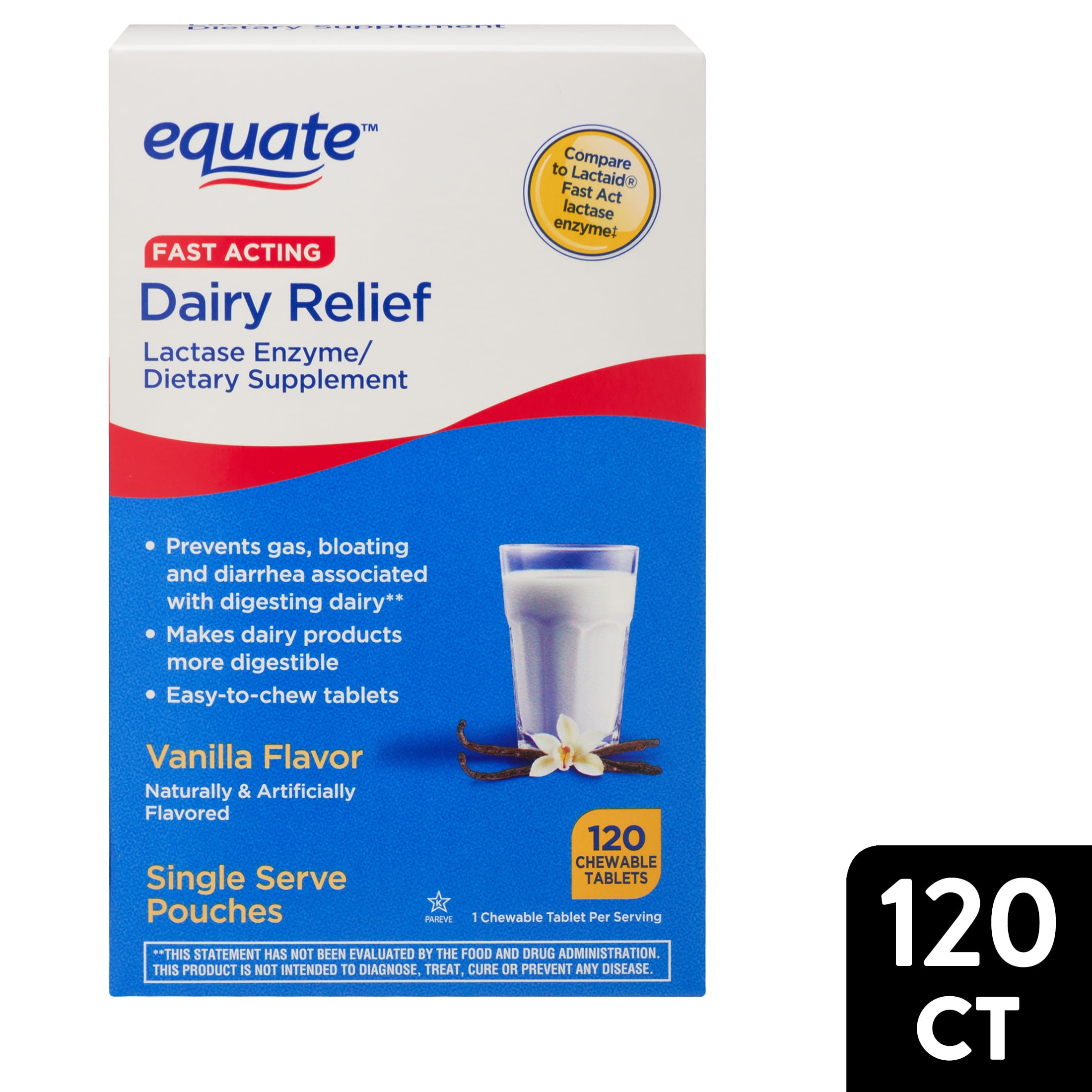 Equate Dairy Relief Chewable Tablet Dietary Supplement, Vanilla Flavor, over the Counter, 120 Count