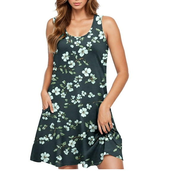 Yghzkop Womens Summer Dresses 2025 Casual Floral Print Dress Plus Size Sleeveless Crewneck Mini Dress Loose Fit Short Length Sundress