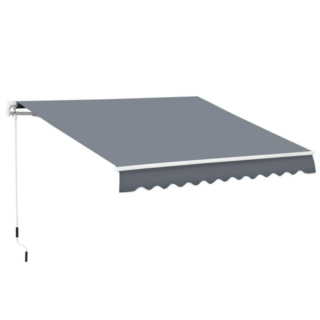 Outsunny Auvent Rétractable Manuel 10 Pieds x 8 Pieds avec Manivelle en Gris Foncé. Cet Auvent de patio Présente un Cadre durable en Aluminium et Acier avec Tissu polyester Haute Densité 280 G/m2 pour protection contre les UV et la Pluie. Il Comprend une Manivelle Manuelle pour une Ouverture et une Fermeture Faciles, Soutenu par Deux Bras Rétractables et une Barre de Soutien avant. Idéal pour patios, Balcons Ou Vitrines, Il Mesure 116,1 Pouces de long par 96,5 Pouces de Large. Facile à Monter sur les Murs avec Accessoires Inclus.