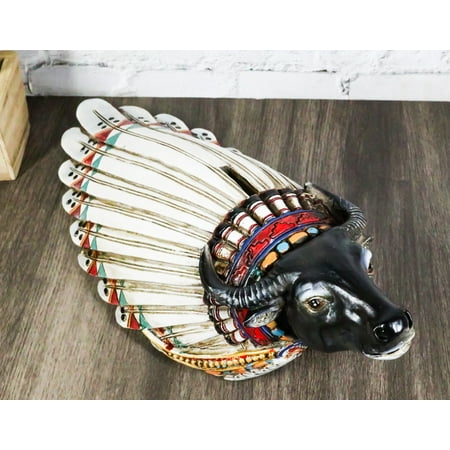 Tribal Southwest Black Buffalo With Indian Chief Headdress Piggy Money Coin Bank