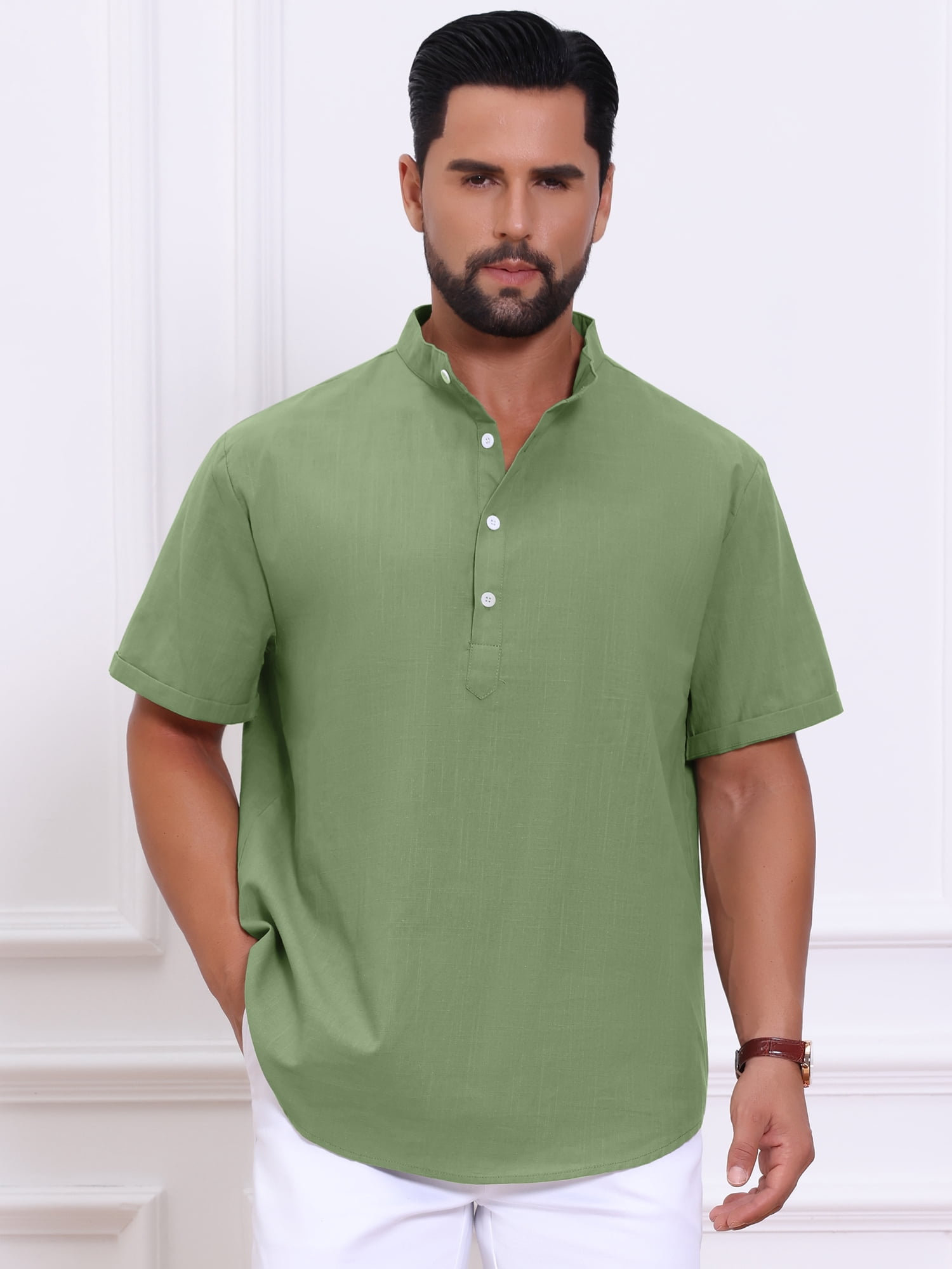 DARING DIVA Men's Solid Color Stand Collar Short Sleeve Henley Shirts 2XL Olive Green