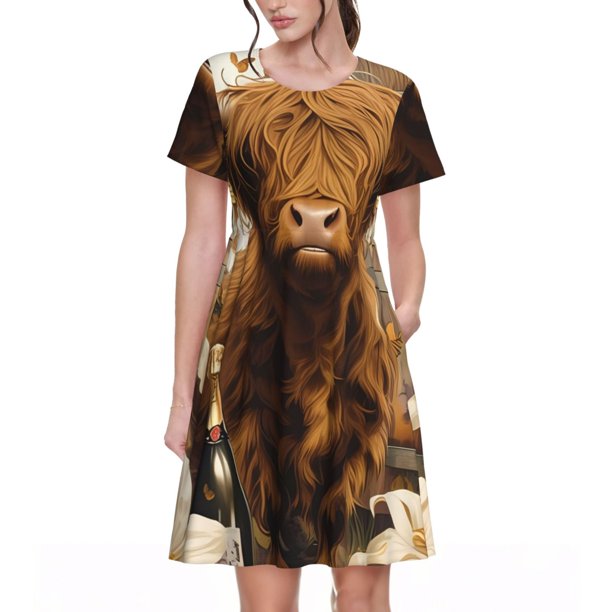 Balery Cow With Butterflies Lilies Vestidos sueltos de manga corta para mujer, vestidos de verano 2025, vestidos casuales de corte A con vuelo.