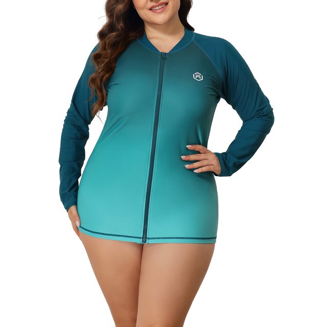 Charmo Womens Plus Size Long Sleeve Rash Guard Top Zipper Sufing Swim Shirt