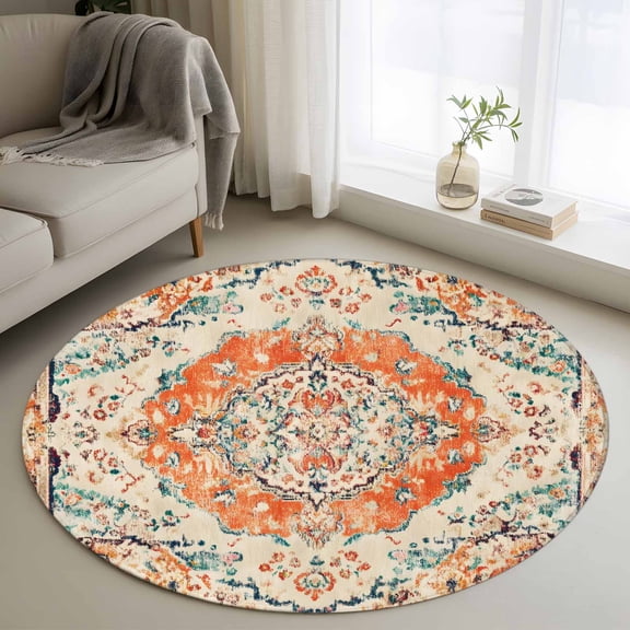 Orange Beige Boho Round Area Rug 3Ft Washable Small Circle Rugs for Kitchen Entryway, Vintage Ethnic Abstract Art Floral Non-Slip Carpet Floor Mats Indoor Outdoor Carpet Runner Aesthetic Home Decor