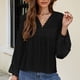 thumbnail image 2 of Blusa de mujer Cuello en V Costuras de encaje Dobladillo con volantes Color puro Linterna elegante Manga larga Top de mujer Negro M, 2 of 6