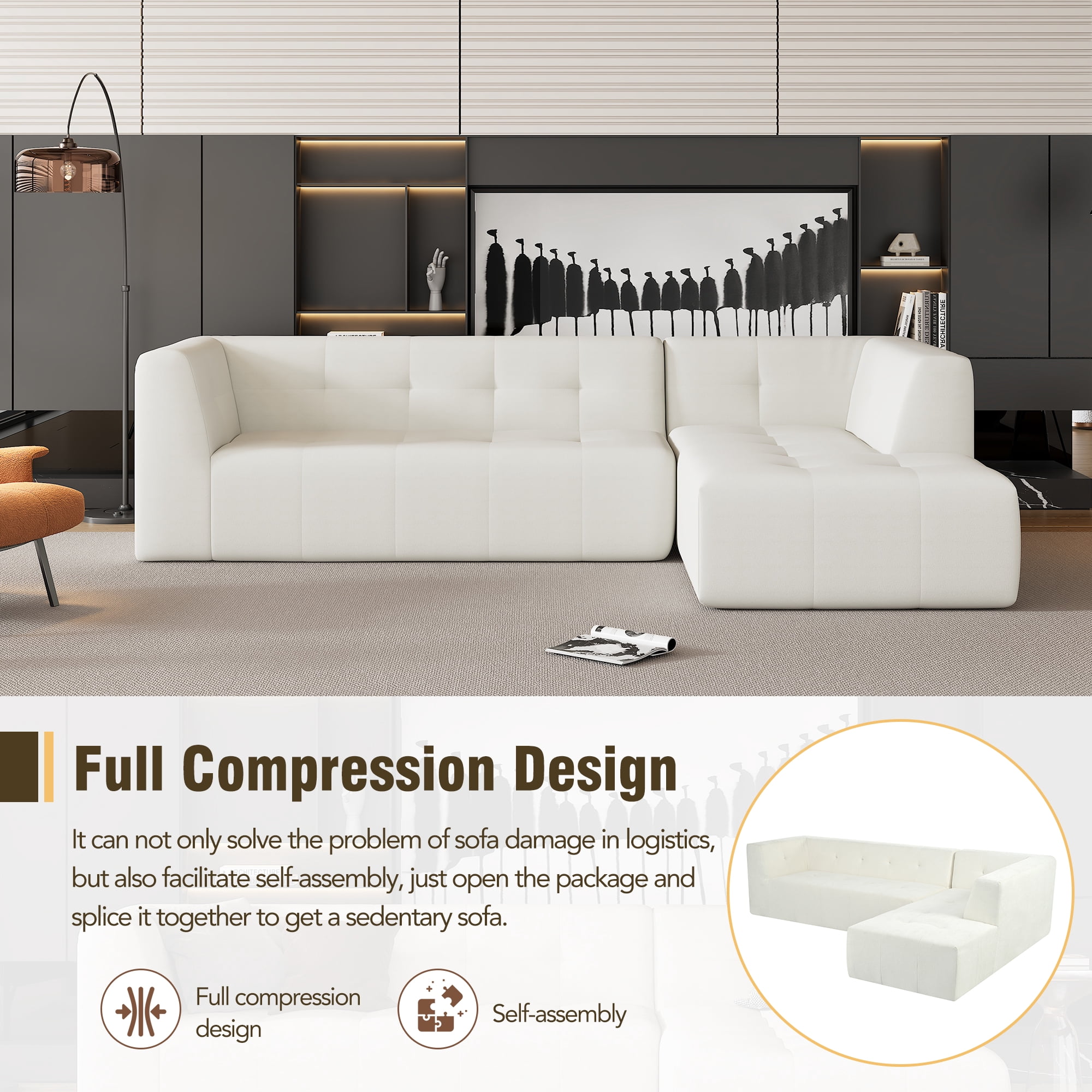 MOONMISS 112.2" Chenille L-Shaped Modern Minimalist Modular Free Combination Living Room Sofa-Beige