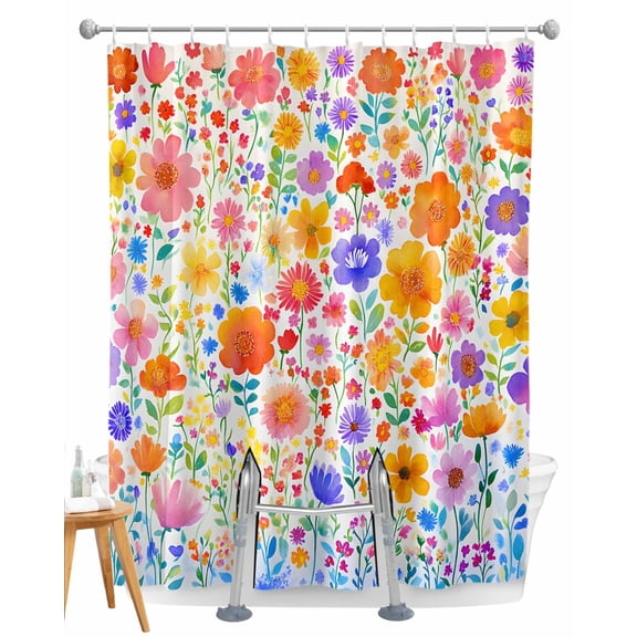 Split Shower Curtain for Transfer Bench, Spring Floral Fabric Shower Curtains for Bathroom, Watercolor Colorful Botanical Summer Tub Sliding Transfer Bench Waterproof Bath Curtains 72"x84"