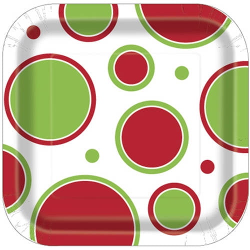 7" Square Polka Dot Christmas Paper Dessert Plates, 10ct