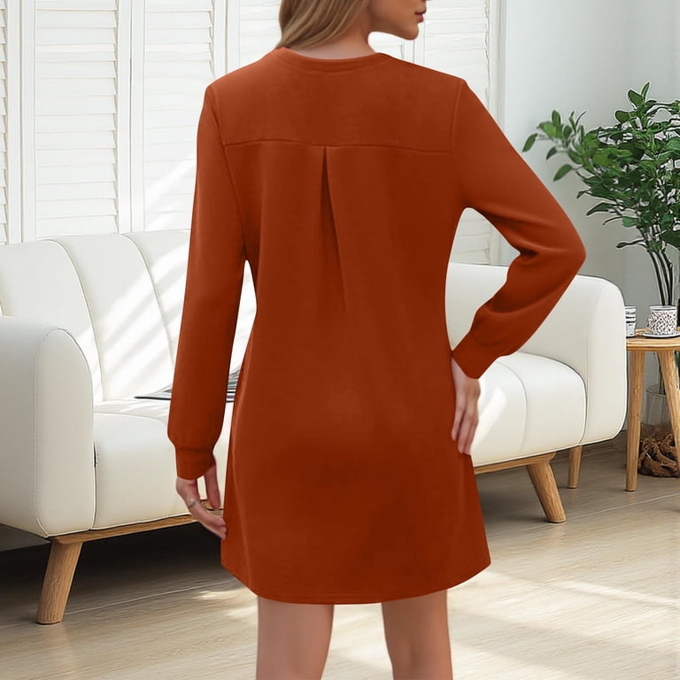 Antinious Women Long Sleeve Fashion Casual Solid Crew Neck Back Ruffle Pocket Beach Dress,Birthday Dresses for Women,Women Party Dress,Brown,XXL, Antinious Women Long Sleeve Fashion Casual Solid Crew Neck Back Ruffle Pocket Beach Dress,Birthday Dresses for Women,Women Party Dress,Brown,XXL,