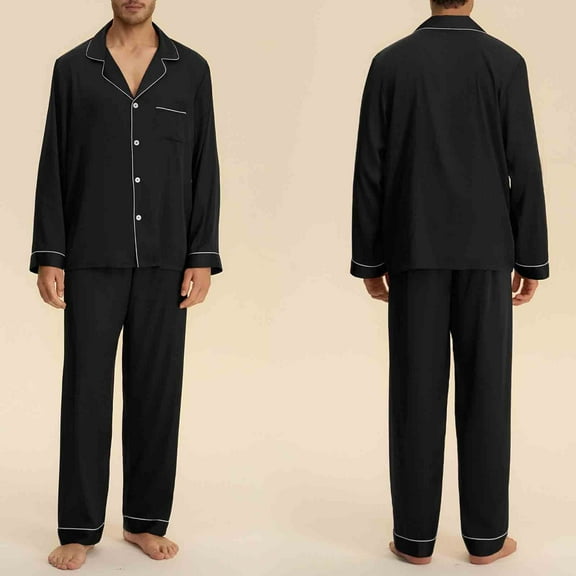Fewfanhot Men's Pajama Set Solid Color Long Sleeve Button Front Design with Chest Pocket Comfortable Sleepwear for Restful Nights