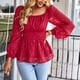 thumbnail image 2 of Camisas de manga larga abombada para mujer Escote elástico Cintura alta Línea A Dobladillo de múltiples capas Top elegante Rojo L, 2 of 7