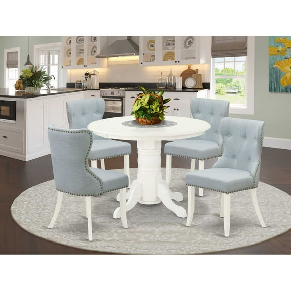 East West Furniture East-West Furniture SHSI5-WHI-15 - A dining room table set of 4 amazing parson chairs with Linen Fabric Baby Blue color and a gorgeous wood table with Linen White color