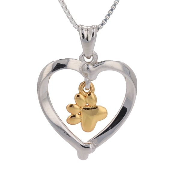 Jewelry Trends Dog Bone Heart with Dangle Paw Print Sterling Silver Pendant Necklace 18"