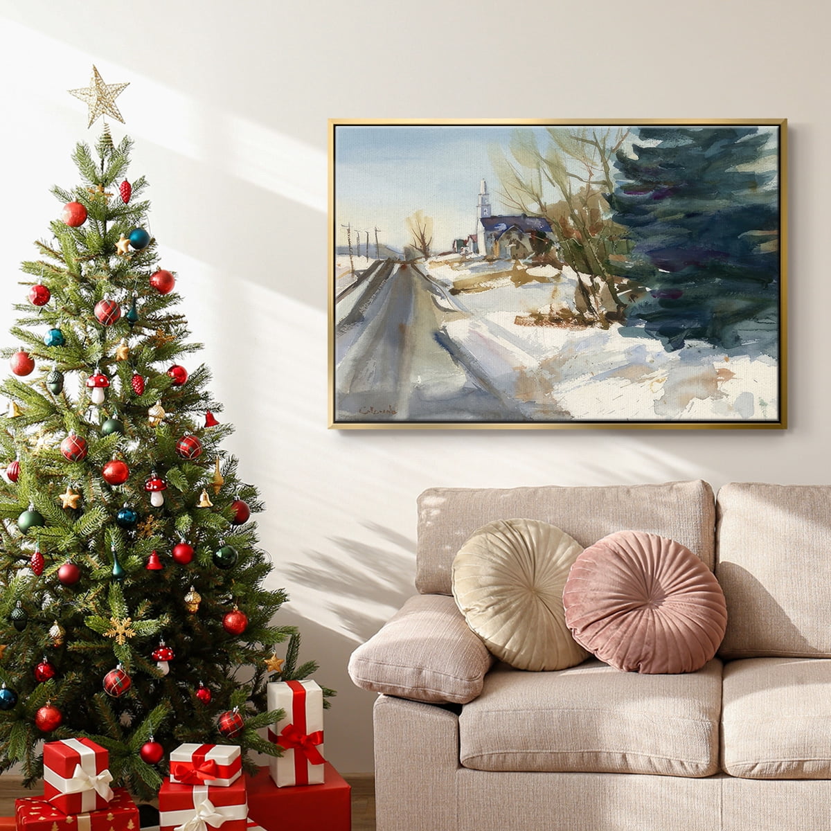 Congregational Church in Winter - Framed Gallery Wrapped Holiday Canvas - 17 x 25 - Gold Frame
