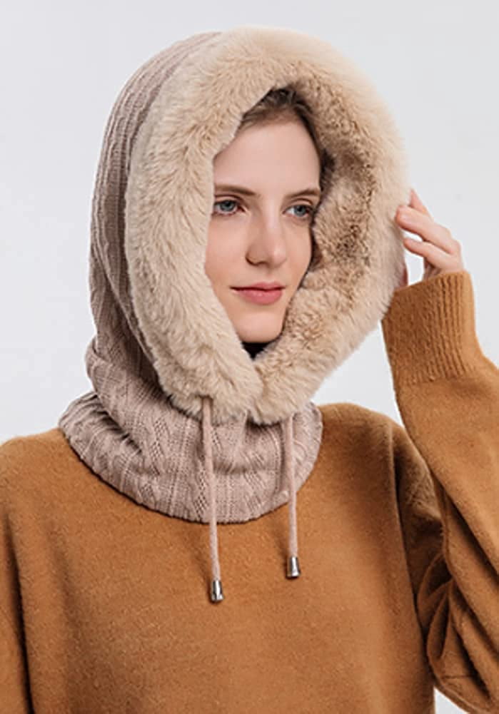 CoCopeaunts Women Winter Fleece Beanie Hat One-Piece Drawstring Knit Beanie Hats Scarf Mask Ski Snow Skull Hat Cap