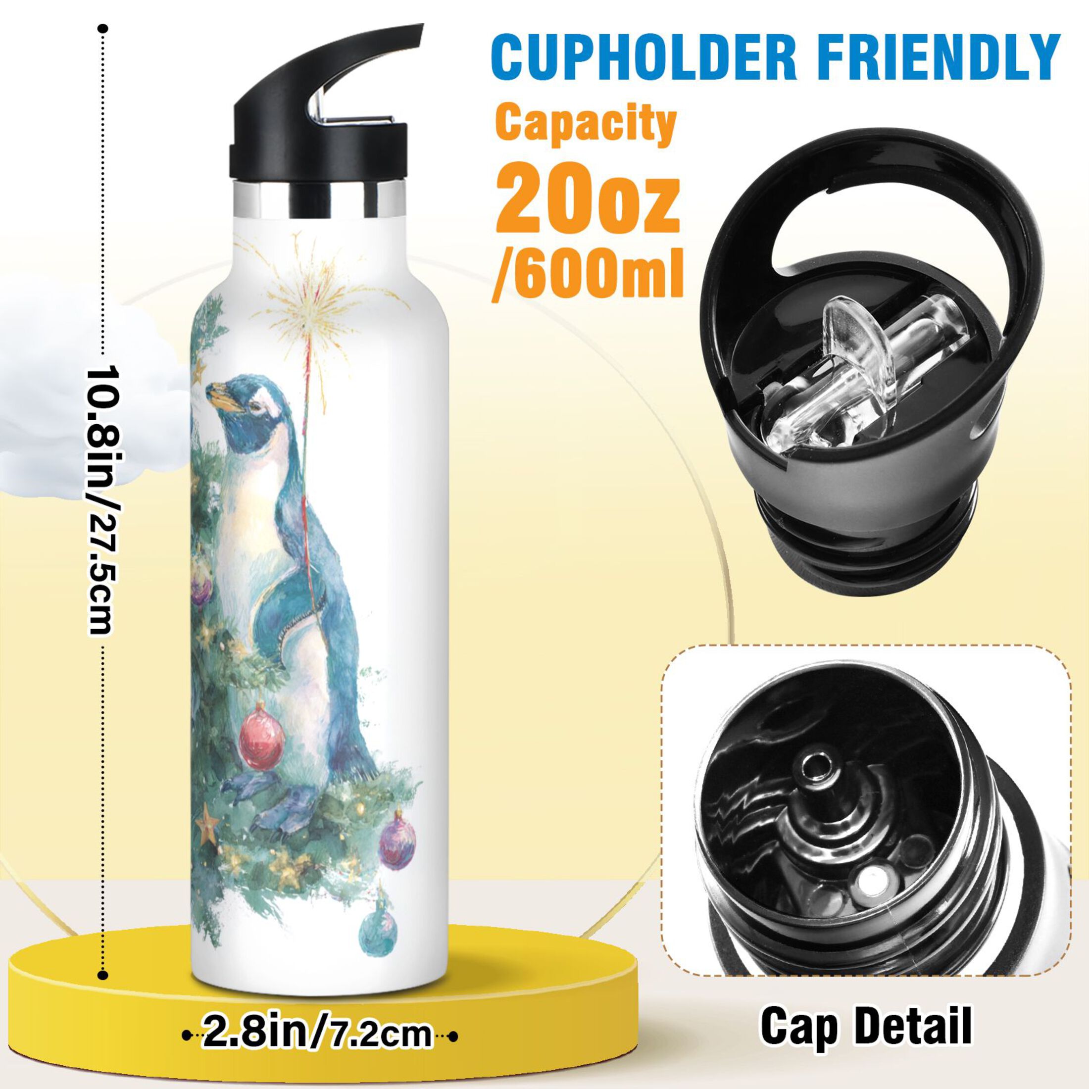 600ML Stainless Steel Insulated Cup Sports Water Bottle Portable Thermos Cup Water Glasses Insulated Tumblers Convenient and Durable Cute Christmas Penguins