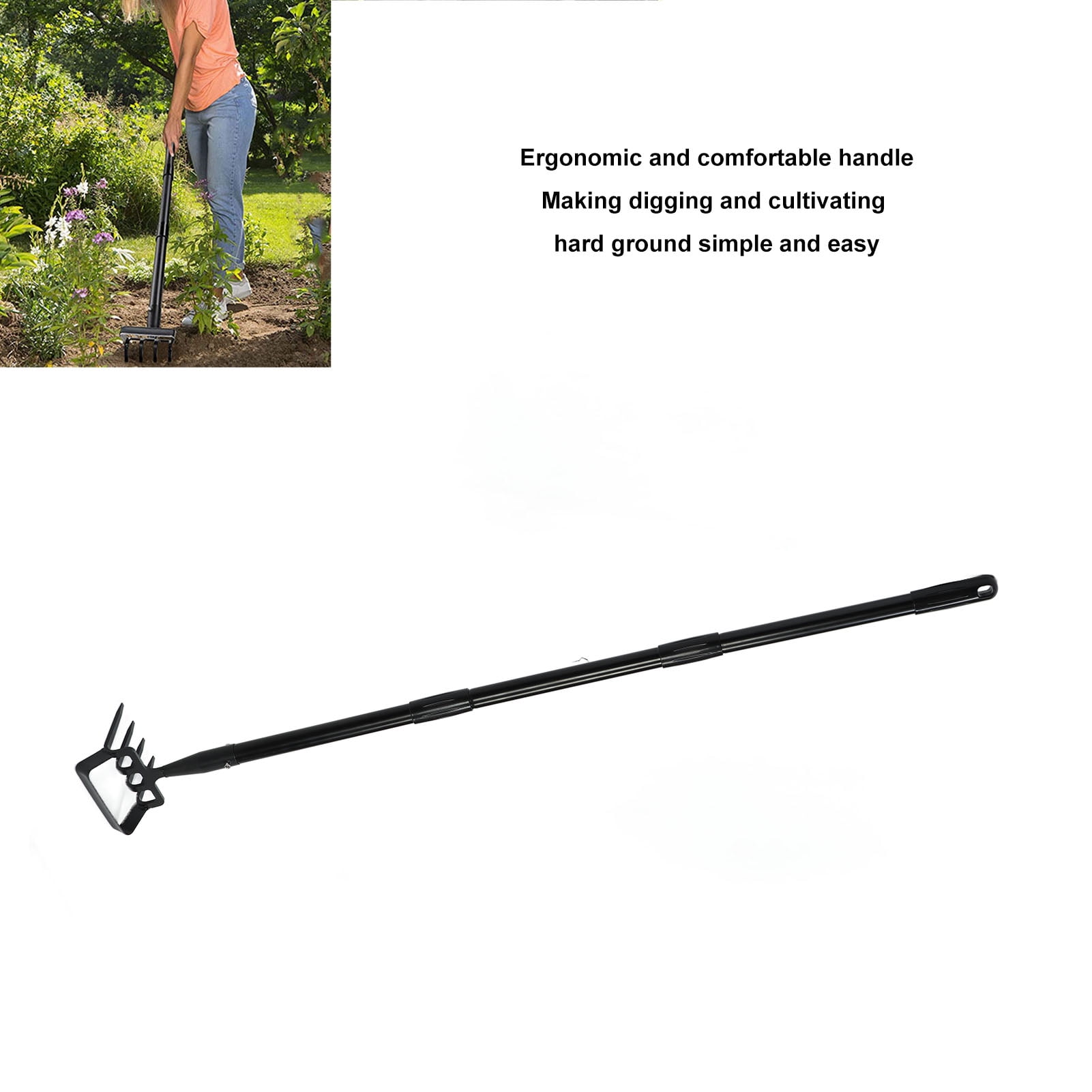 Rupoun Professional Weeding Rake with 3-Section Adjustable Stainless Steel Handle, Ergonomic Hand Rake Garden Tool for Cultivating and Loosening Soil (54 inches / 137 cm)