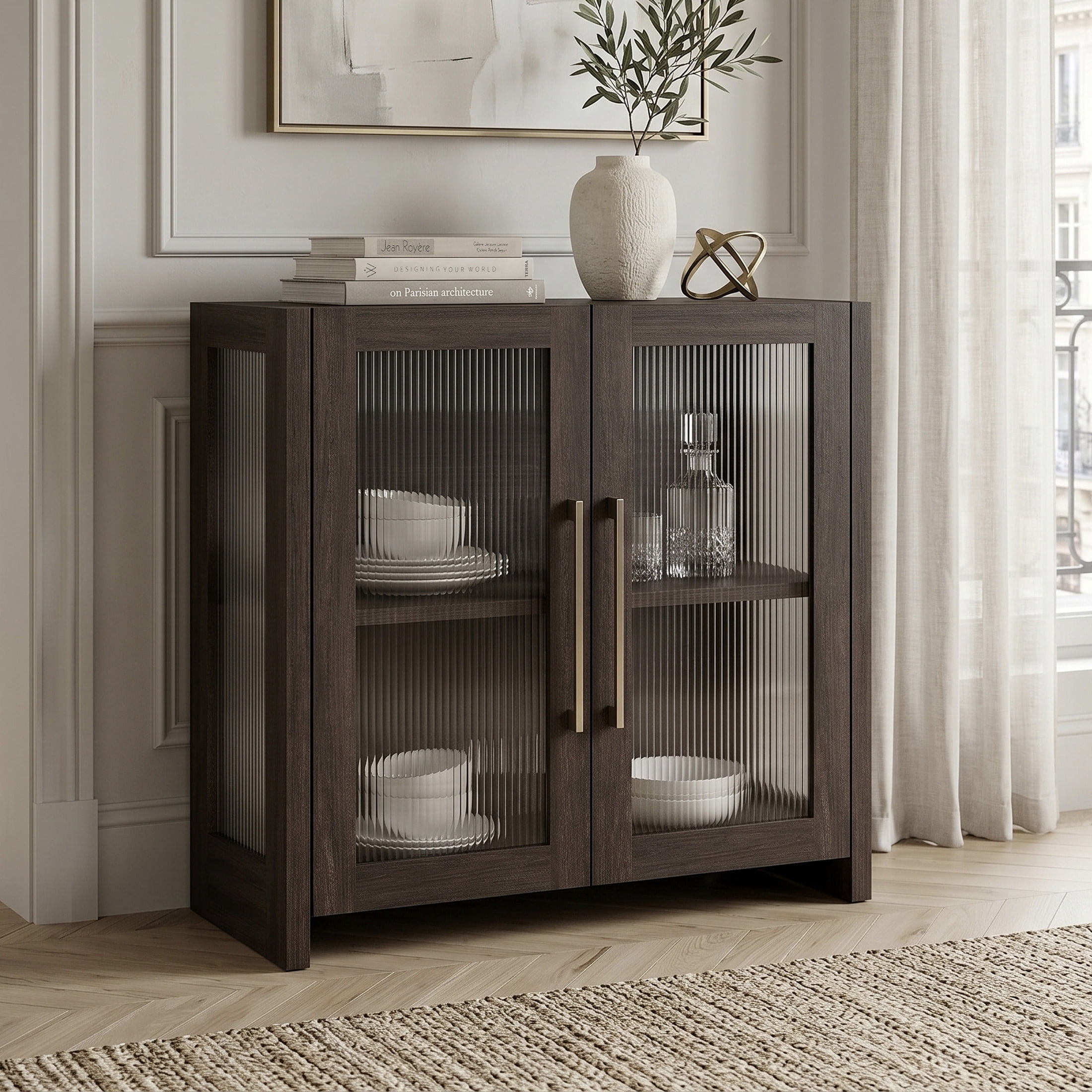 Evelyn&Zoe Modern/Contemporary 32" Wide Brown Oak Accent Cabinet