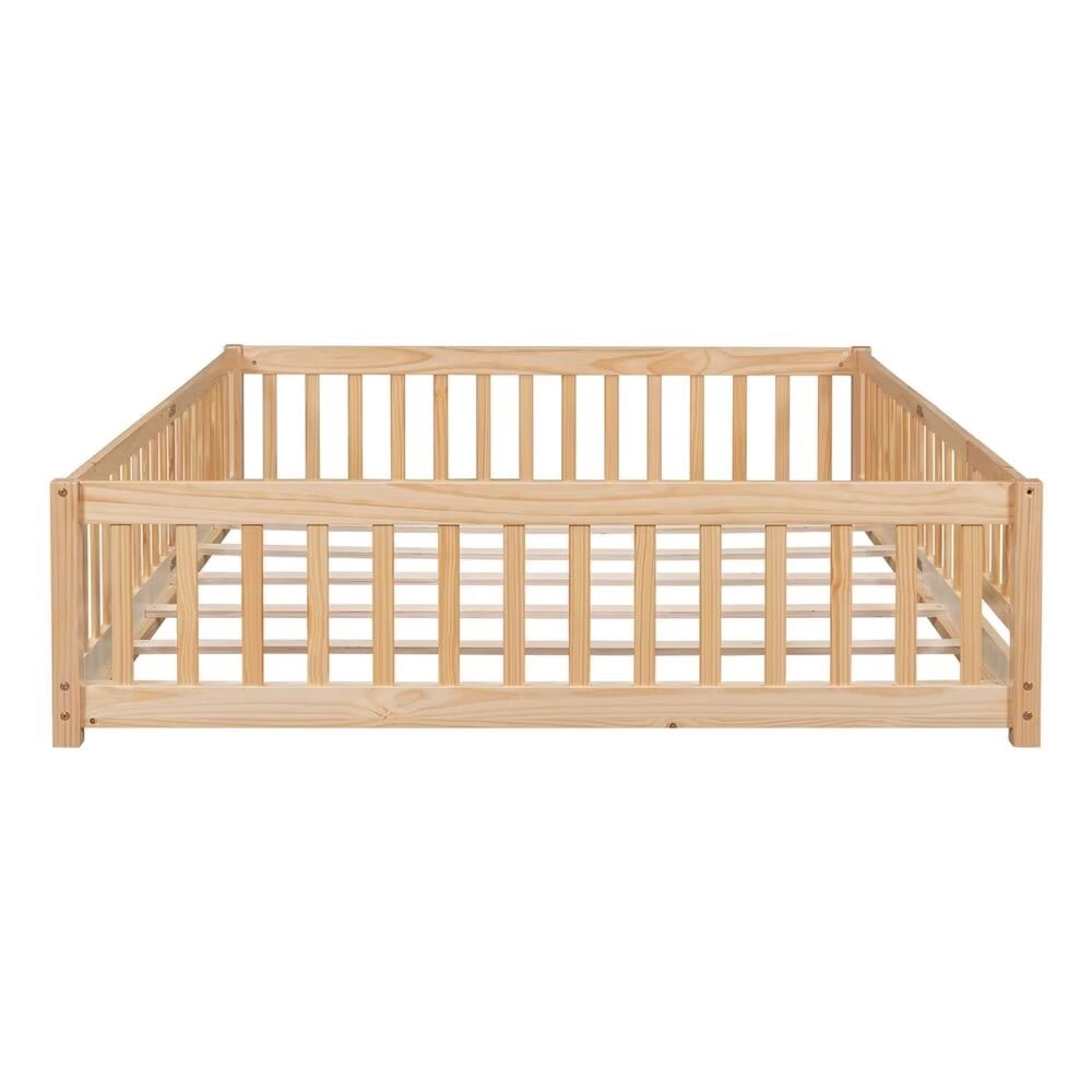 Queen Bed Frame for Kids Toddlers, Wooden Montessori Floor Bed with 7 Sturdy Slats, Fence-Shaped Guardrails and Door for Boys Girls Bedroom Playroom, No Box Spring Needed, Natural