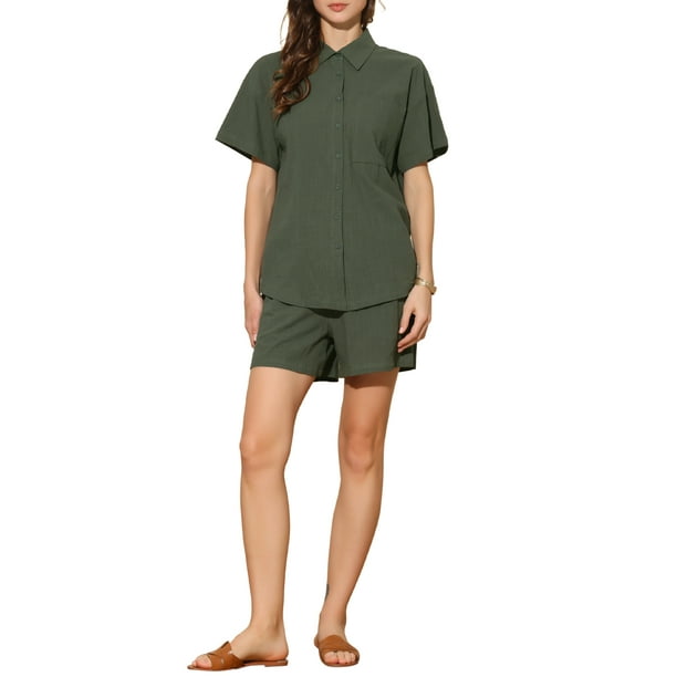 Conjunto de camiseta de manga corta con cuello vuelto y pantalones cortos de algodón para mujer INSPIRE CHIC, 2 piezas, XL, verde ejército
