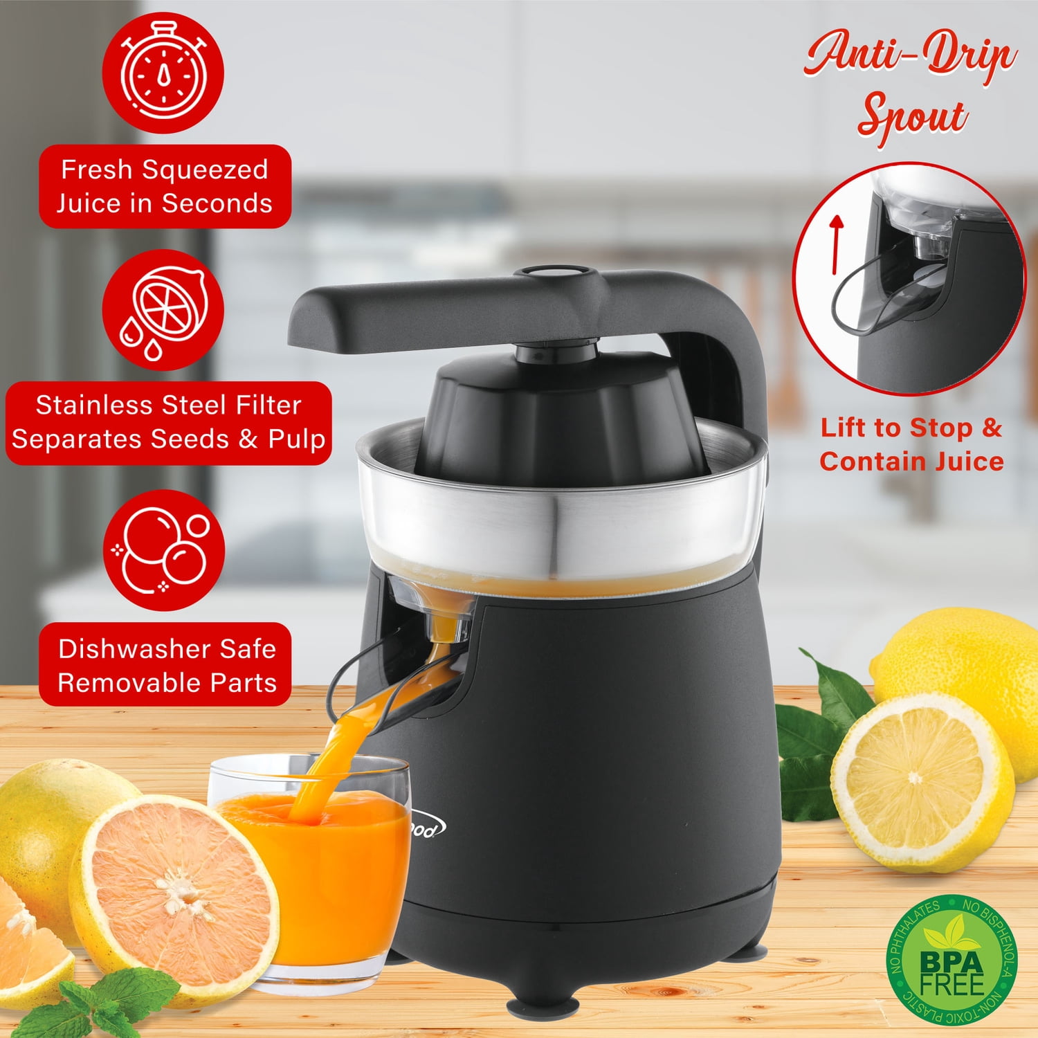 Brentwood 80-Watt 1-Speed Electric Citrus Juicer with Ergonomic Lever, Black