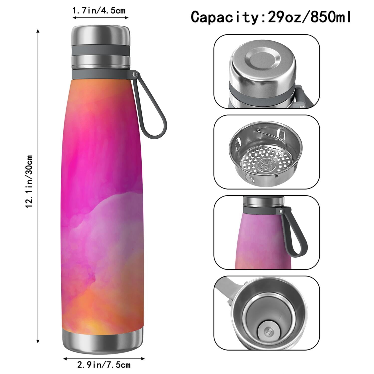 29oz Insulated Water Bottle with Tea Infuser, Stainless Steel Travel Mug, Fluid Smoke Aurora Art Style