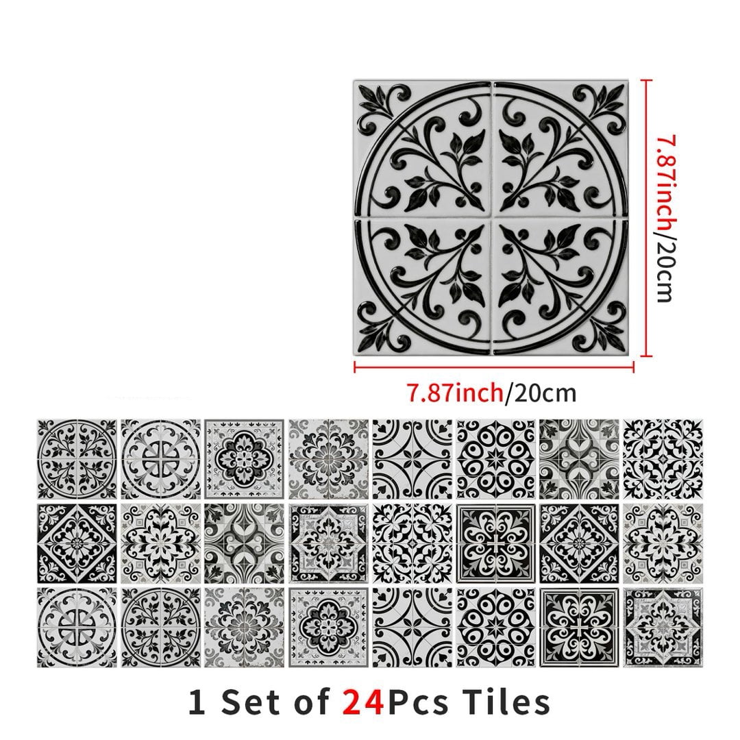 24Pcs Tile Sticker Waterproof Peel and Stick Backsplash 7.87" x 7.87" Gray Black Flowers Pattern Wall Stickers Self Adhesive Decals DIY Decor