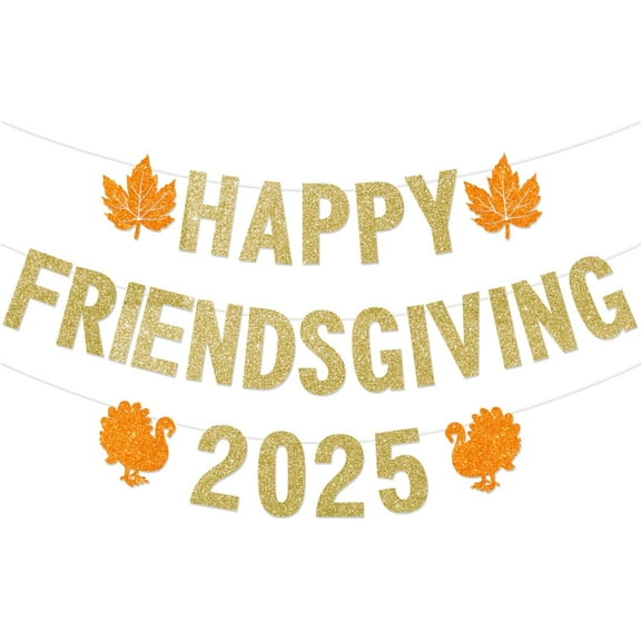 Happy Friendsgiving 2025 Banner, Pre-assembled Friendsgiving Decorations, Gold Glitter Thanksgiving Party Decorations for Party Office Home Fireplace Mantel, Fall Thanksgiving Friends