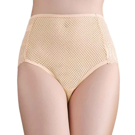 BYHONG Women Solid Sexy Lace Seamless Panties Plus Size Mid High Waist Hollow Breathable Briefs Womens Panties Beige XXL