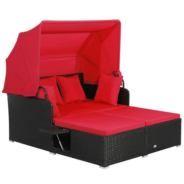 Pemberly Row Patio Rattan Daybed Lounge Retractable Top Canopy Red