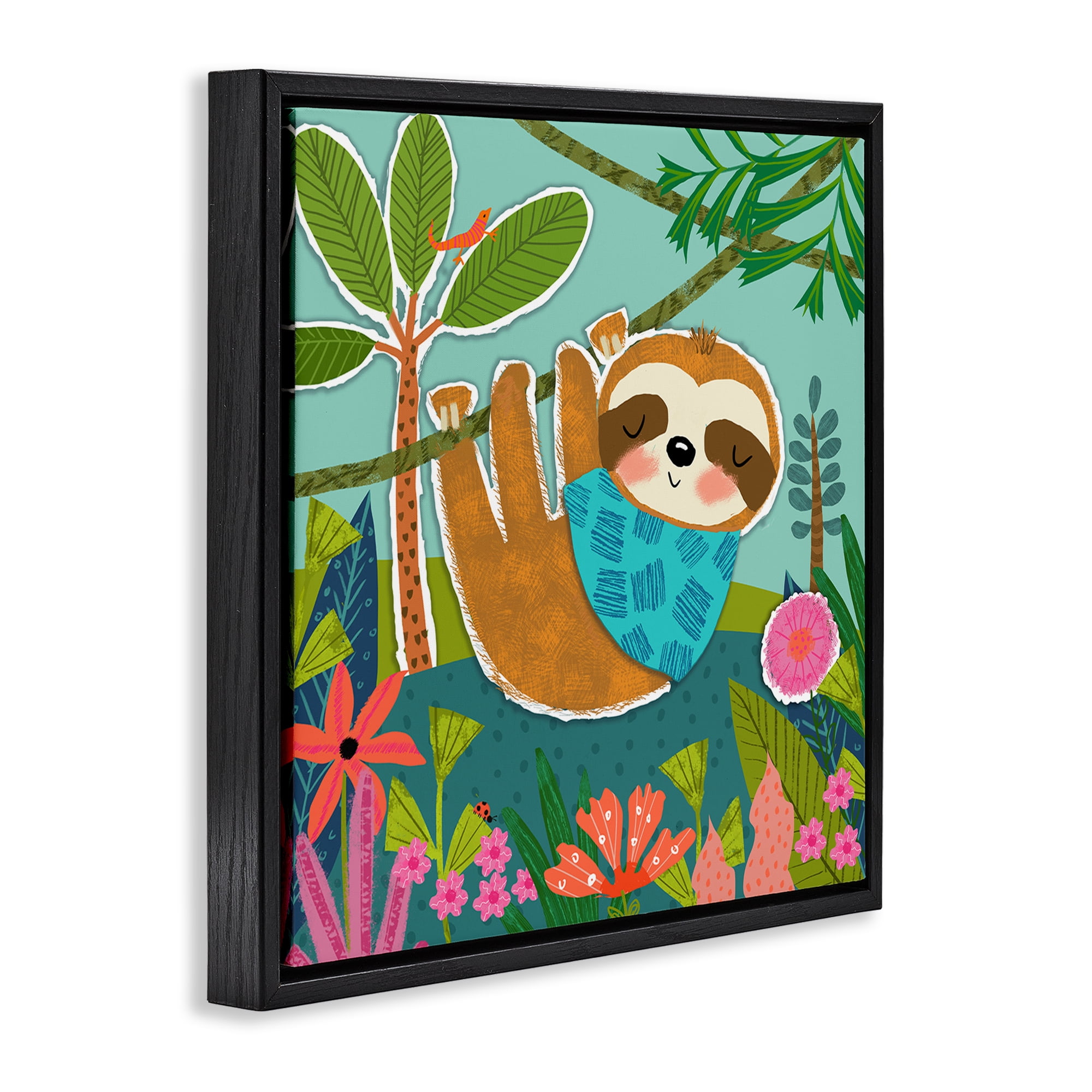 Stupell Industries Sleepy Sloth in Nature Animals Painting Black Floater Framed Canvas Art Print Wall Art, 18 x 18