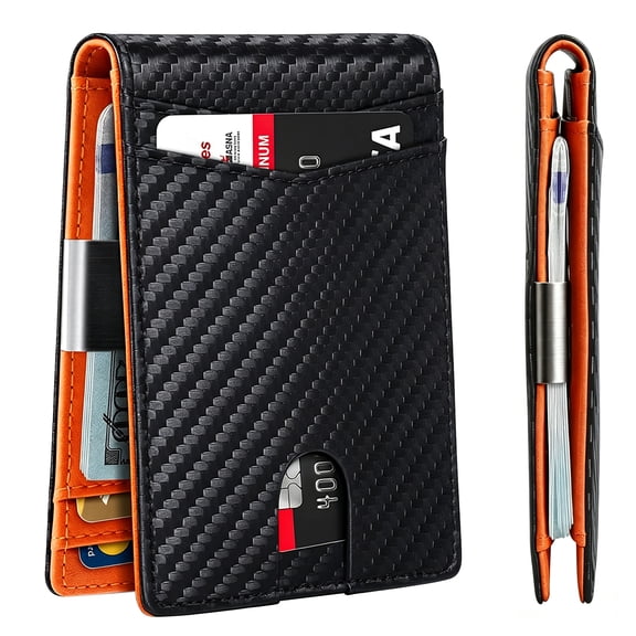 Slim RFID Blocking Wallet for Men, Carbon Fiber Leather 12 Slots Cardholder with Clip, Black Orange