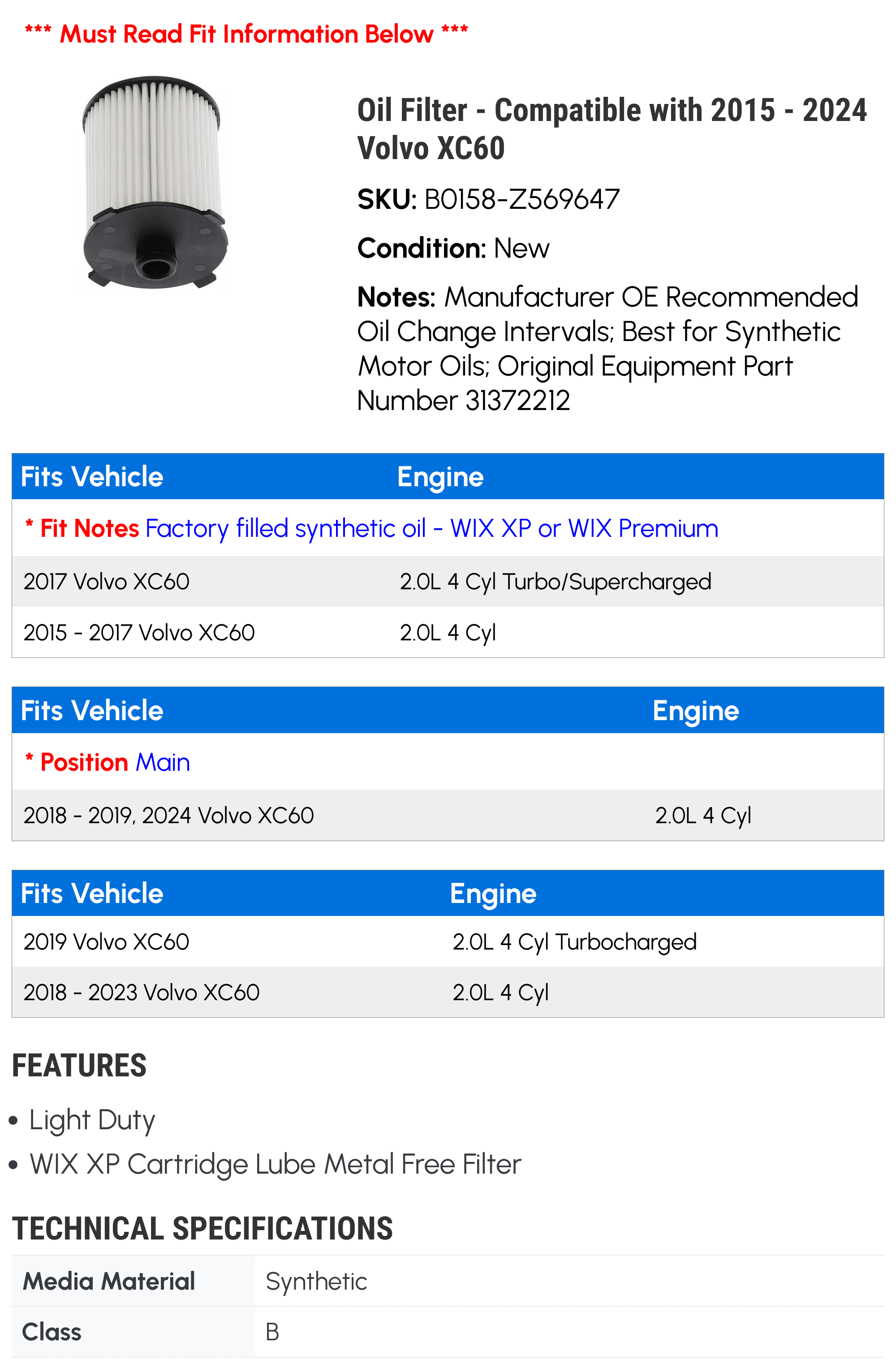Oil Filter - Compatible with 2015 - 2024 Volvo XC60 2016 2017 2018 2019 2020 2021 2022 2023