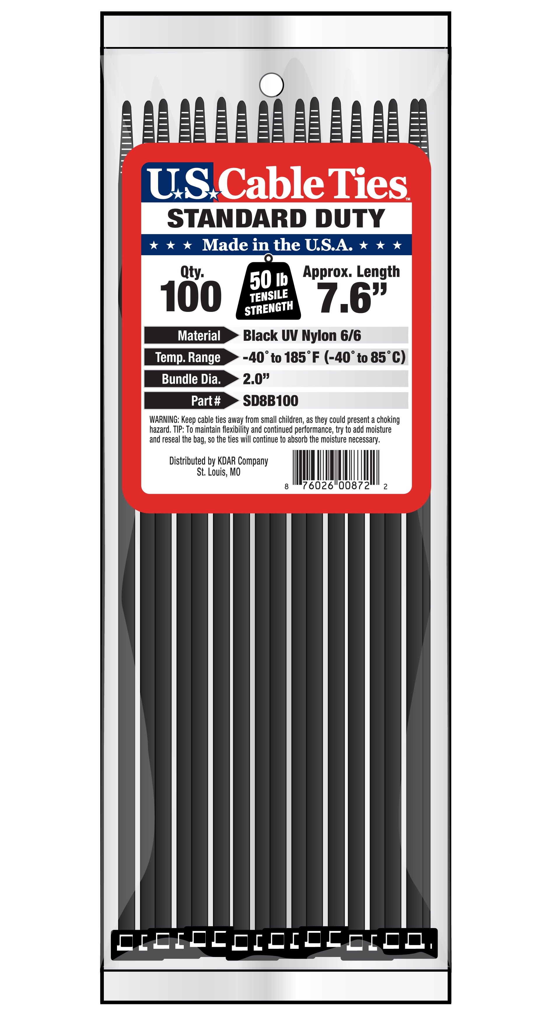US Cable Ties SD8B100 7.6 Inch Standard Duty Cable Ties, UV Black, 100