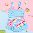 thumbnail image 6 of Odeerbi Kids Girls Three Pieces Swimsuit Ruffle Bikini with Swim Skirt and Swim Cap Sets Toddler Kids Baby Girls Fashion Cute Heart Print Swimming Trunks Seaside Swimwear Set Blue, 6 of 9
